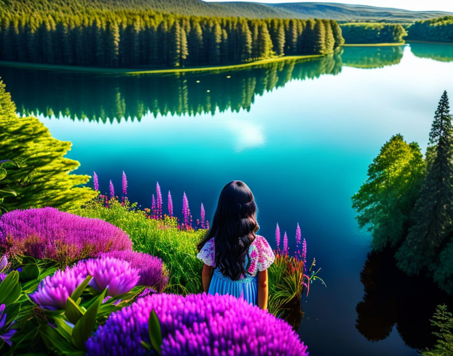 Tranquil lake scene with lush forests and purple flowers