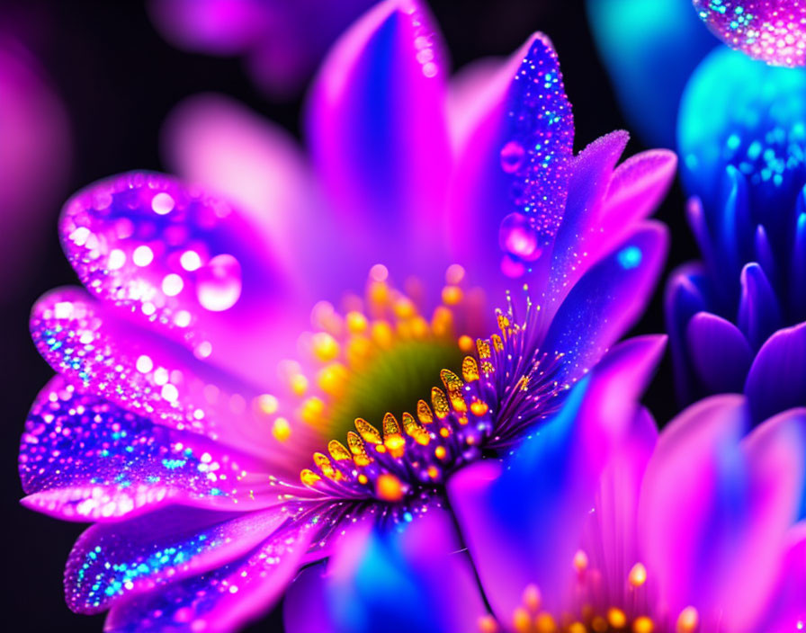 Neon glow digital flowers with water droplets on dark background