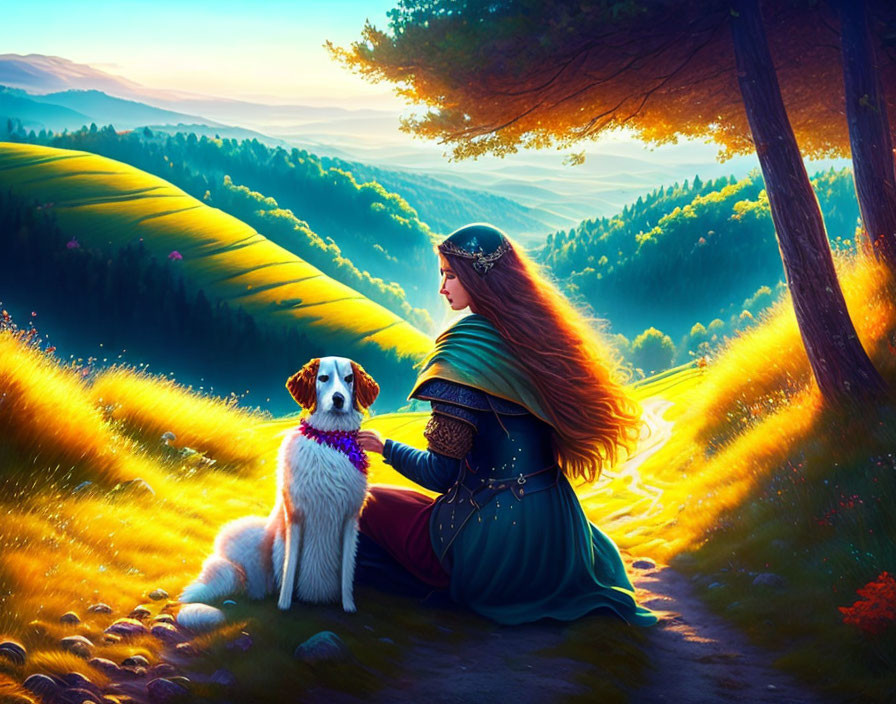 Medieval woman with dog in vibrant sunrise landscape