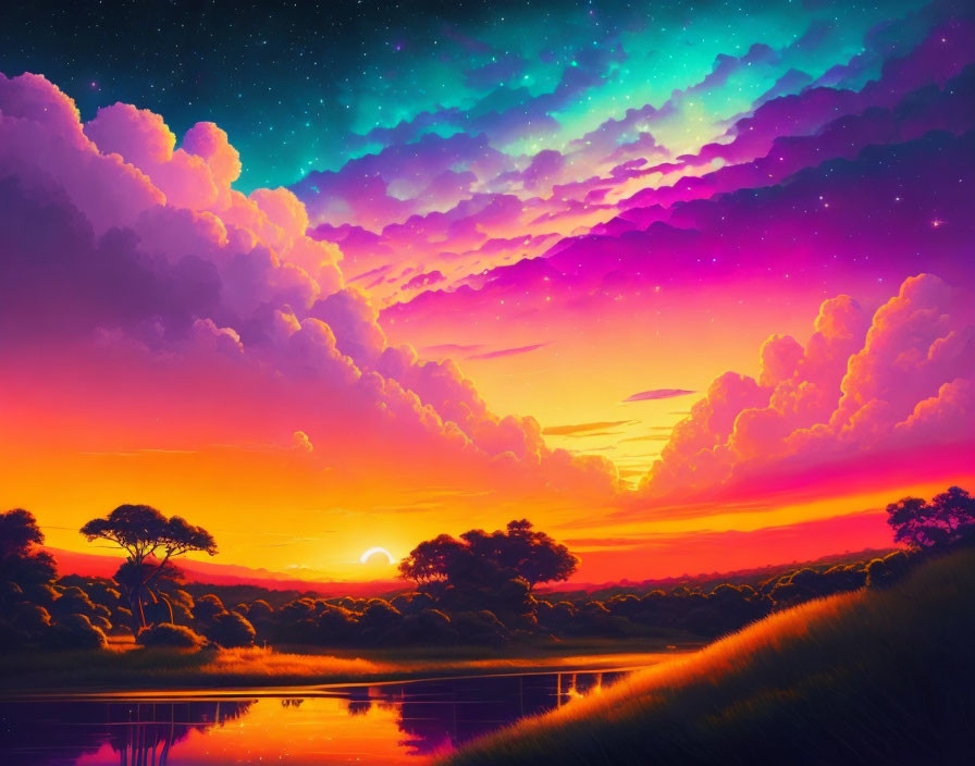 Digital Art: Sunset with Orange and Purple Hues over African Savanna