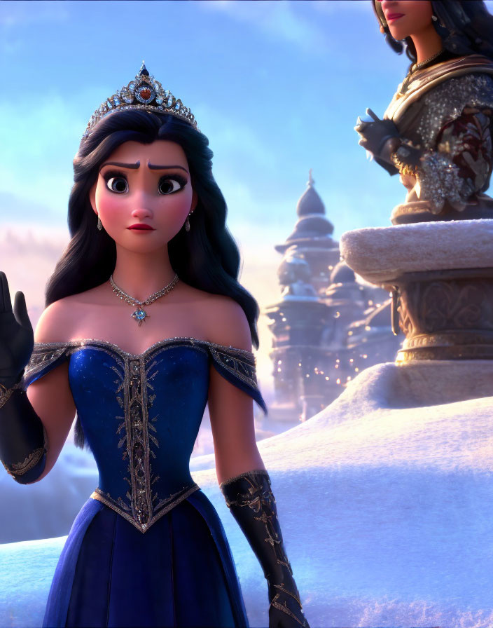 Animated princess in blue dress with castle in snowy background.