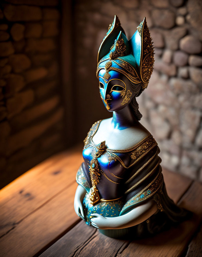 Blue and Gold Venetian Mask on Mannequin Bust Against Stone Wall Background