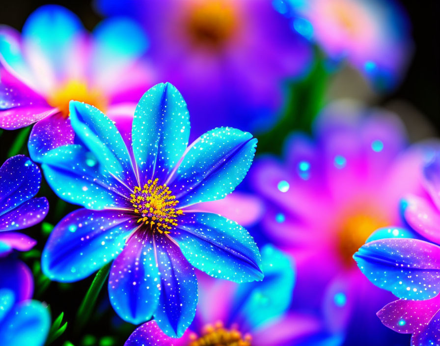 Bright blue flowers with pink edges and white speckles on soft-focus background