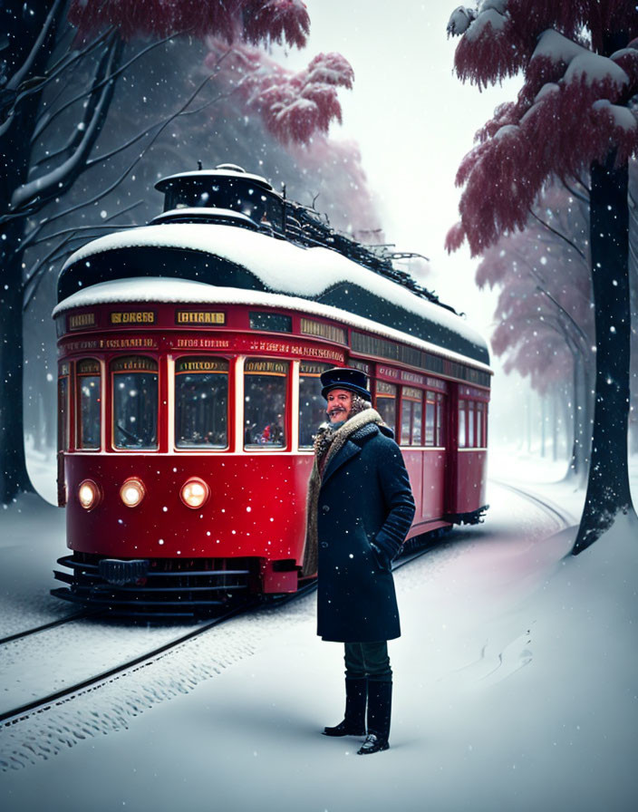 Person in winter coat beside red tram on snow-covered tracks.