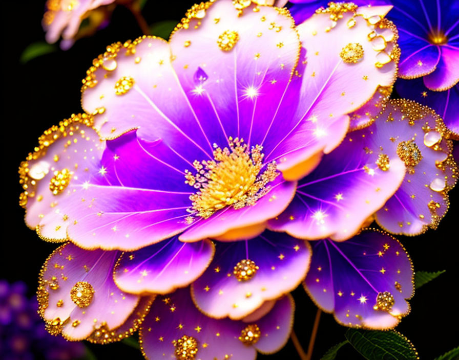 Vibrant purple flower with gold and white sparkles on dark background