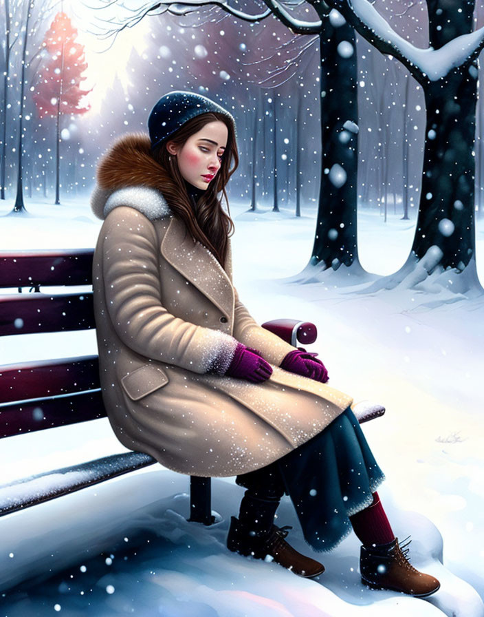 Woman in winter coat on park bench surrounded by snow-covered trees.