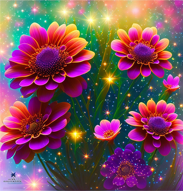 Colorful Flowers with Sparkling Effects on Cosmic Background