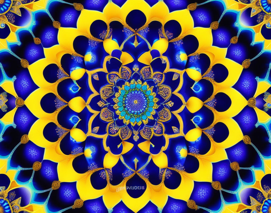 Symmetrical Fractal Mandala in Blue, Gold, and Green Patterns