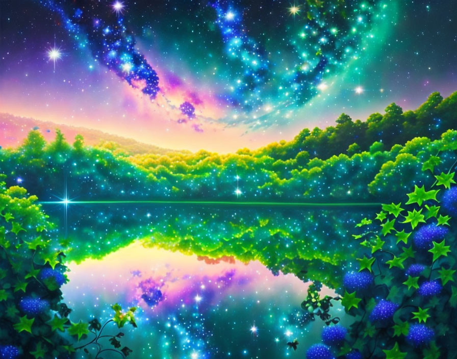 Colorful digital artwork: Starry sky reflected in calm lake