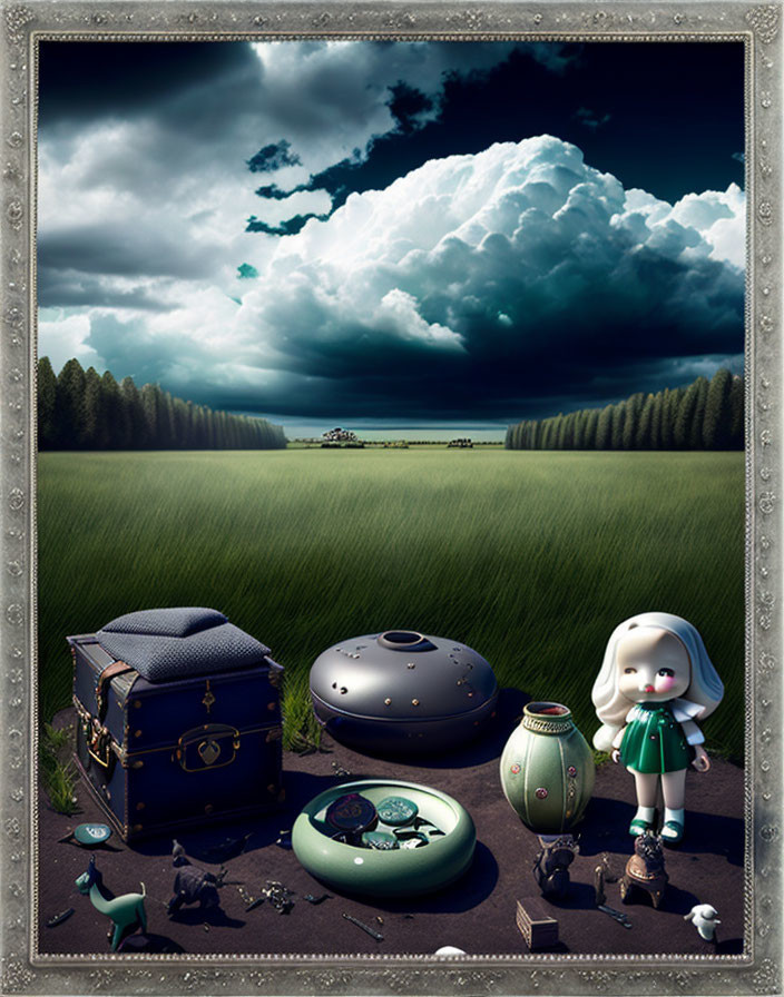 Whimsical girl figurine with treasure chest and UFO toy on grassy field