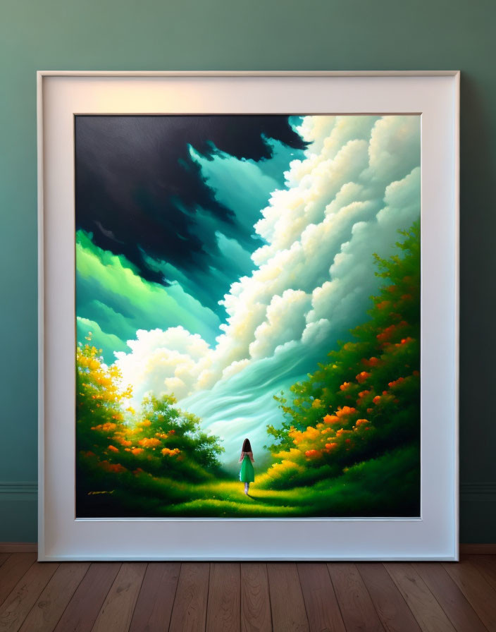 Person in Verdant Field Gazes at Dramatic Sky in White Frame on Teal Wall