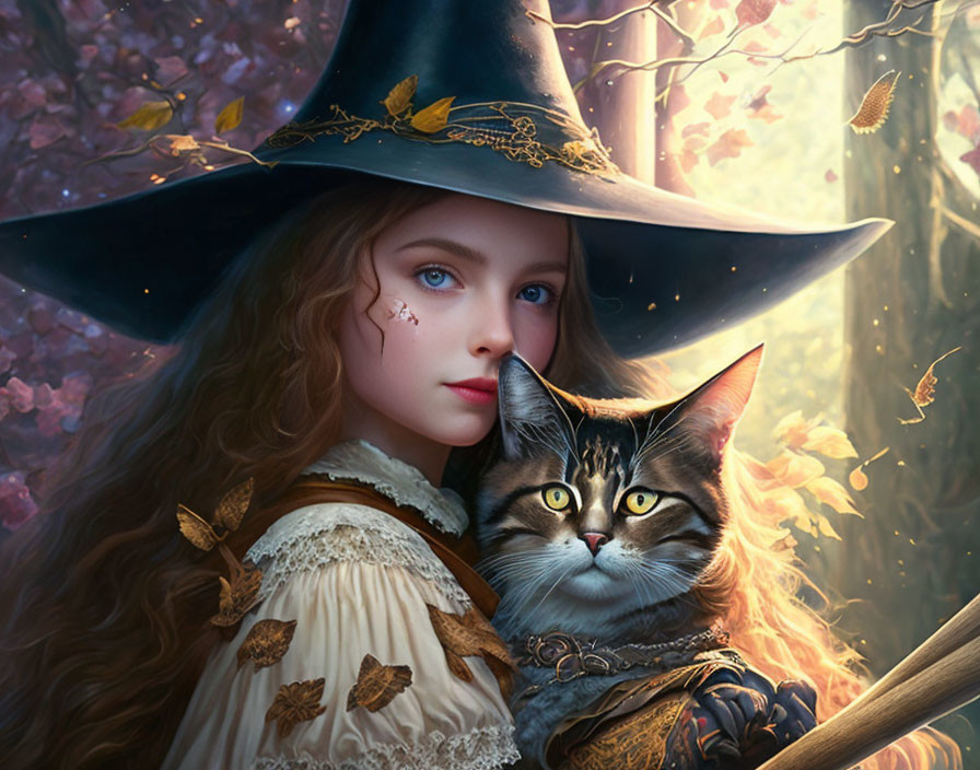 Young witch with wide-brimmed hat, broom, and cat in magical autumn scene