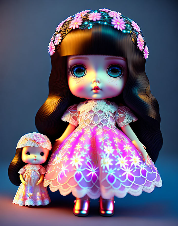 Stylized dolls with large glossy eyes and floral headbands on blue gradient background