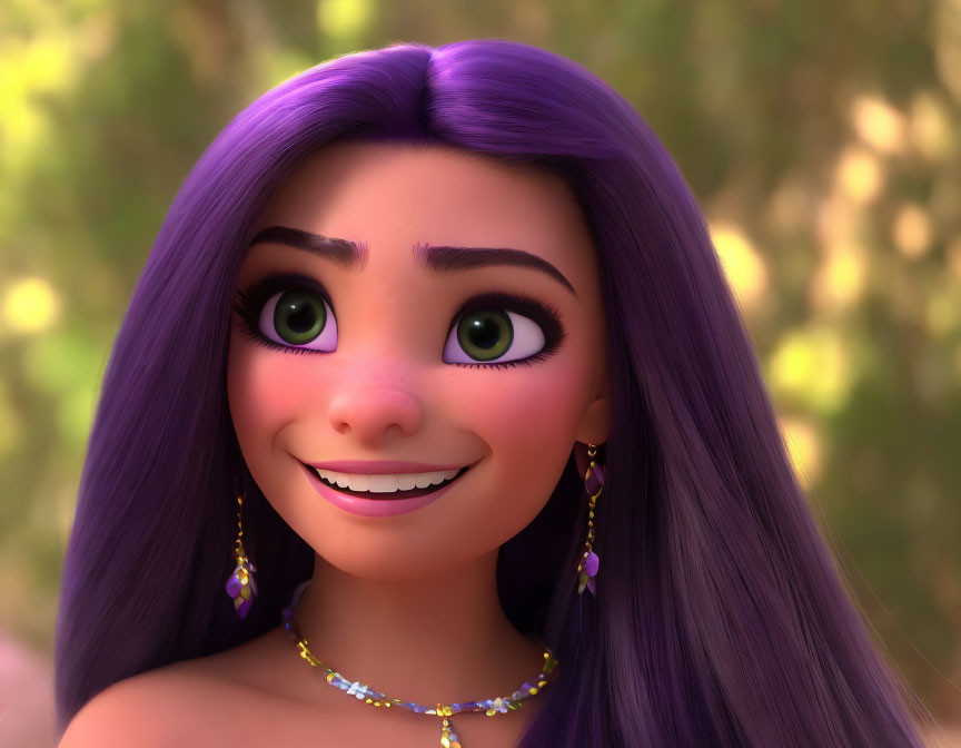 Purple-haired animated character with green eyes, earrings, and necklace in nature.