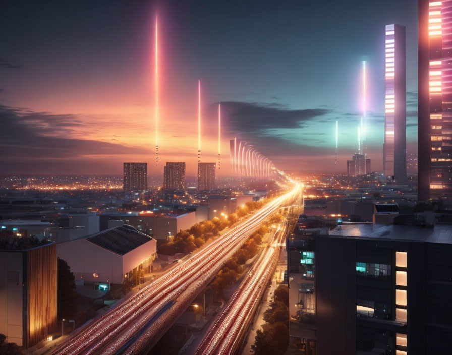 Futuristic cityscape with light beams and busy highway at night