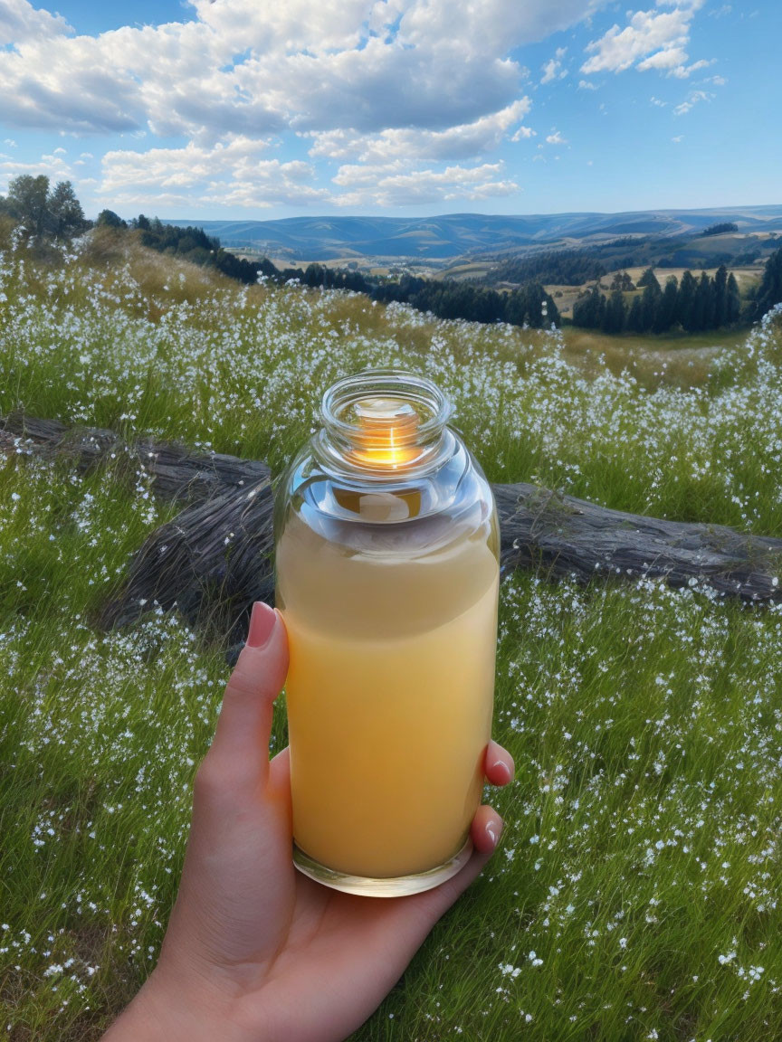 Hand holding glowing jar in serene meadow with flowers and forested horizon