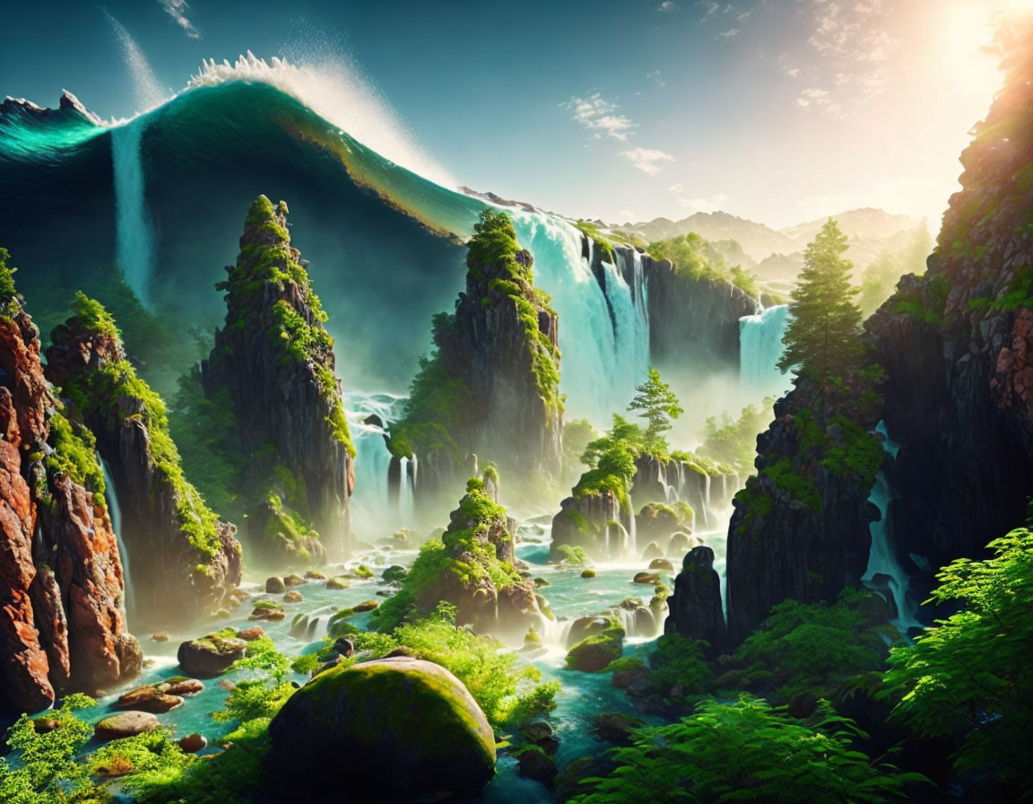 Fantastical landscape with colossal waterfalls in vibrant digital artwork