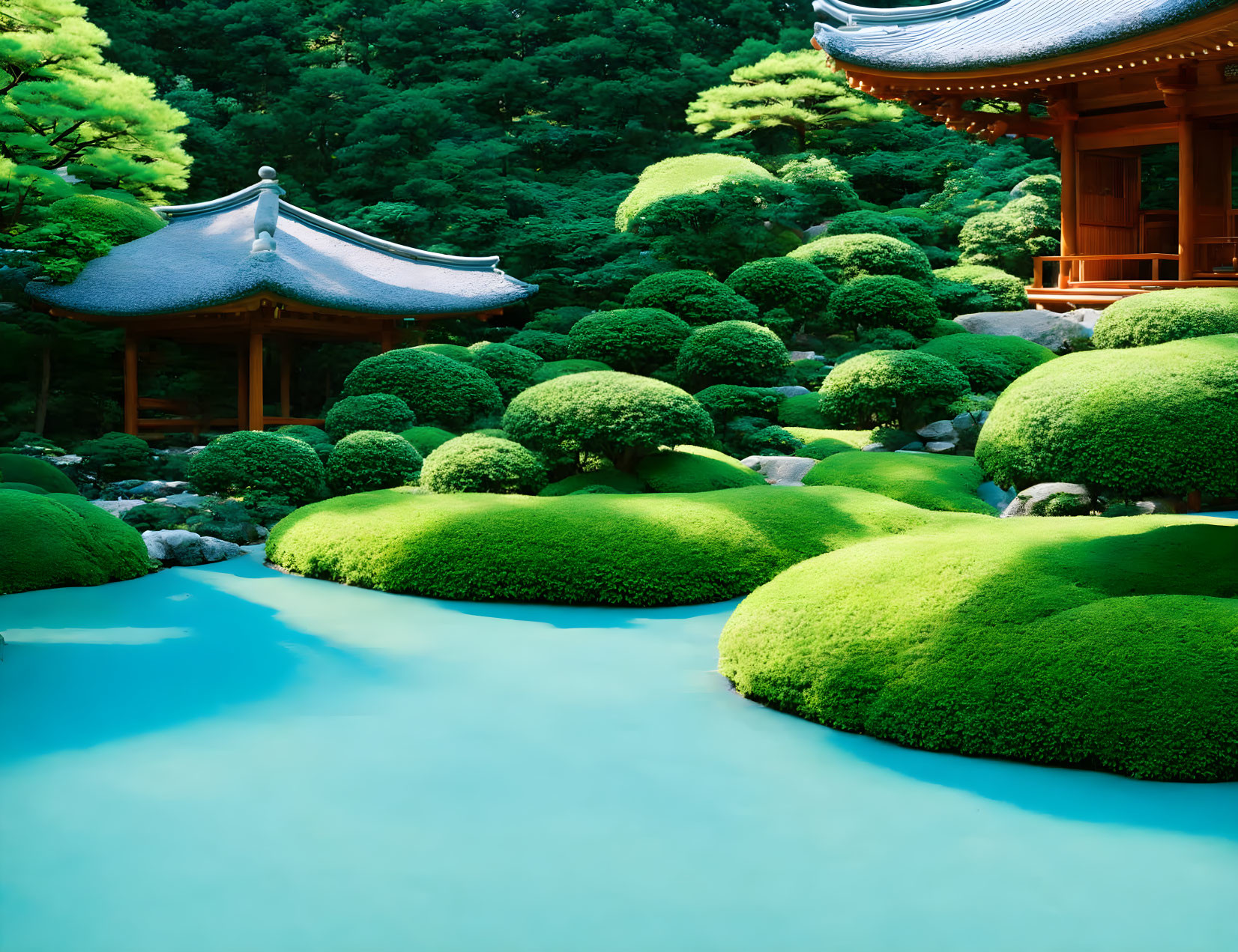 Tranquil Japanese garden with moss-covered stones, lush shrubs, pond, and wooden architecture