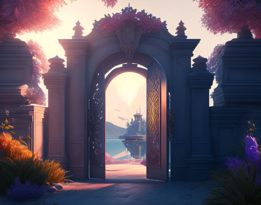 Ornate open gate to mystical floating island with lush purple foliage