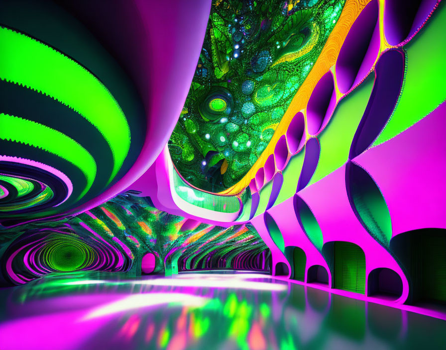 Colorful psychedelic fractal tunnel with swirling patterns in green, pink, and yellow.