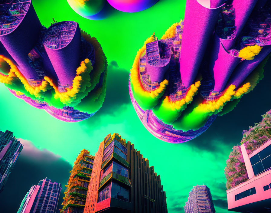 Vibrant surreal floating cities in neon sky