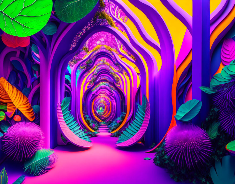 Colorful Neon-Lit Tunnel with Psychedelic Patterns and Stylized Foliage