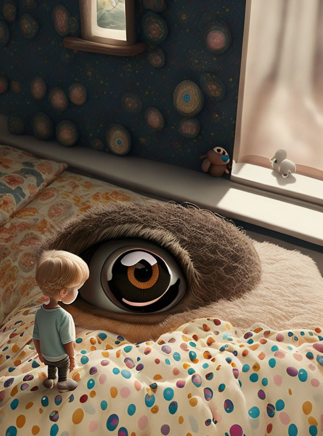 Boy standing by bed with friendly cartoon eye and whimsical decor