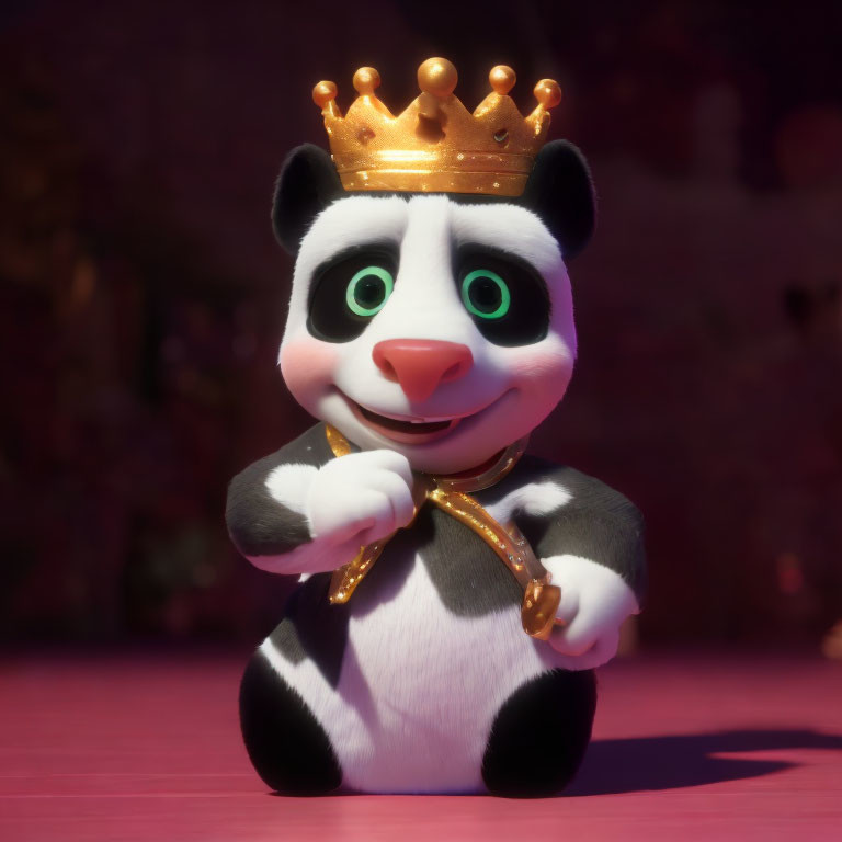 3D animated panda with crown and scepter on pink background