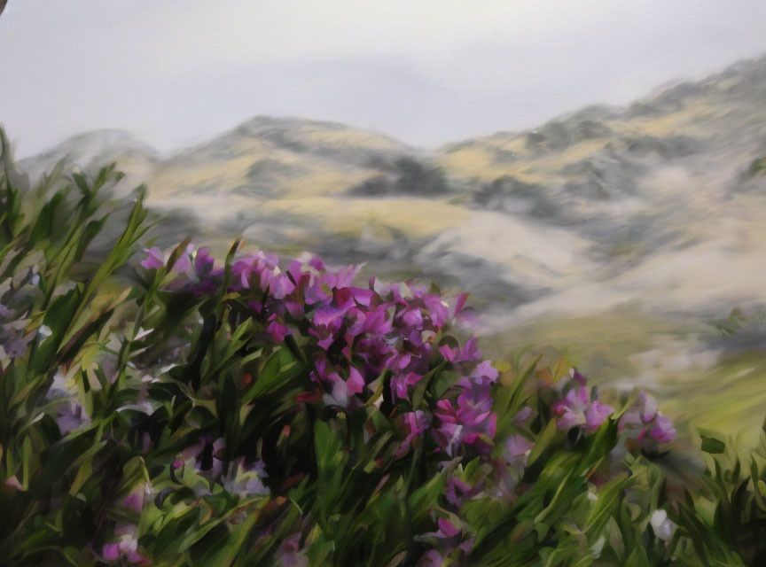 Blurred painting of purple flowers and rolling hills