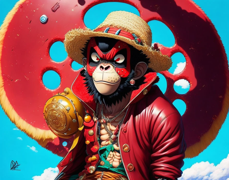 Anthropomorphic monkey in red jacket and hat on red backdrop with holes