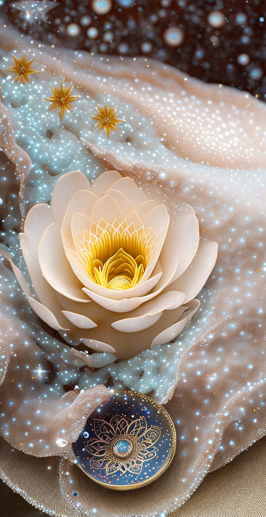 Glowing white lotus flower in cosmic waters with stars and ornate orb.