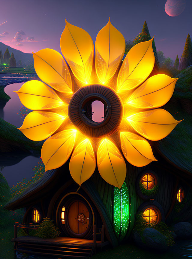 Sunflower-shaped house illustration under starry sky with glowing petals and moon