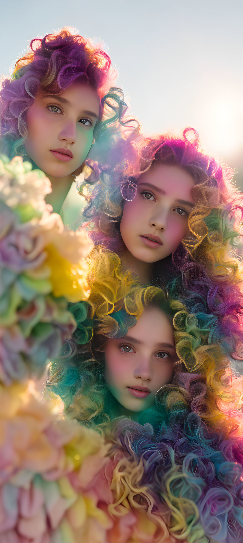 Vertical Composition of Three Individuals with Colorful Curly Hair