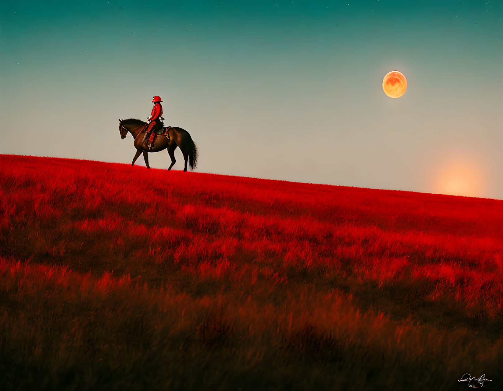 Lone rider on horse in red field under dusk sky with full moon