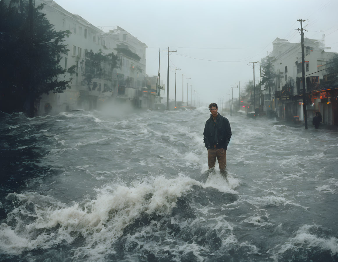 Person standing in flooded city street with choppy water and buildings under overcast sky