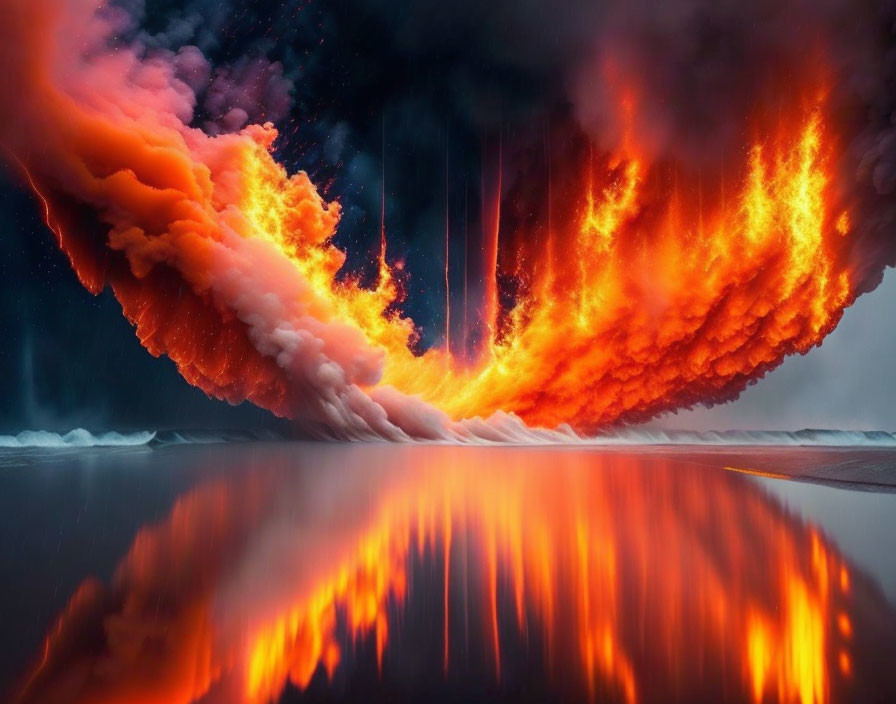 Volcanic eruption with fiery lava flows and ash clouds reflected on water