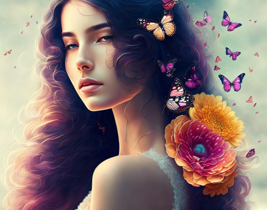 Colorful butterflies and flowers with a woman in digital art