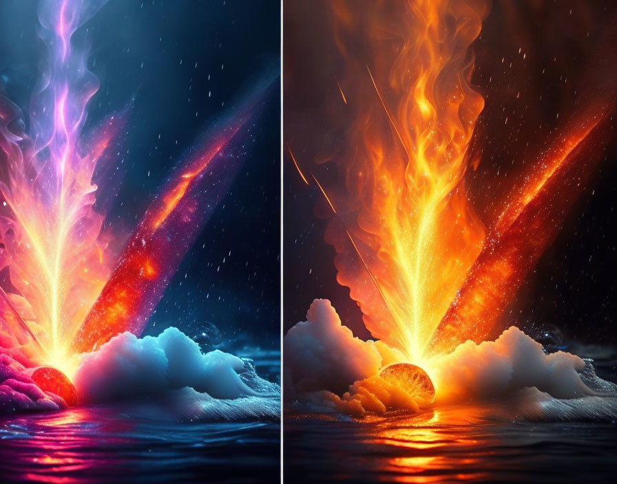 Digital artwork featuring contrasting scenes of ice and fire elements