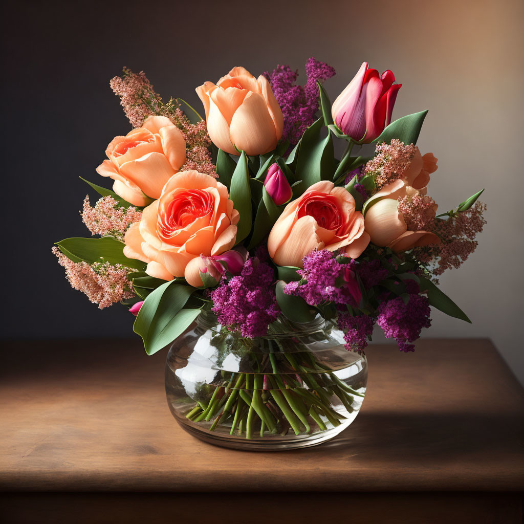 Colorful Flower Bouquet in Glass Vase on Wooden Surface