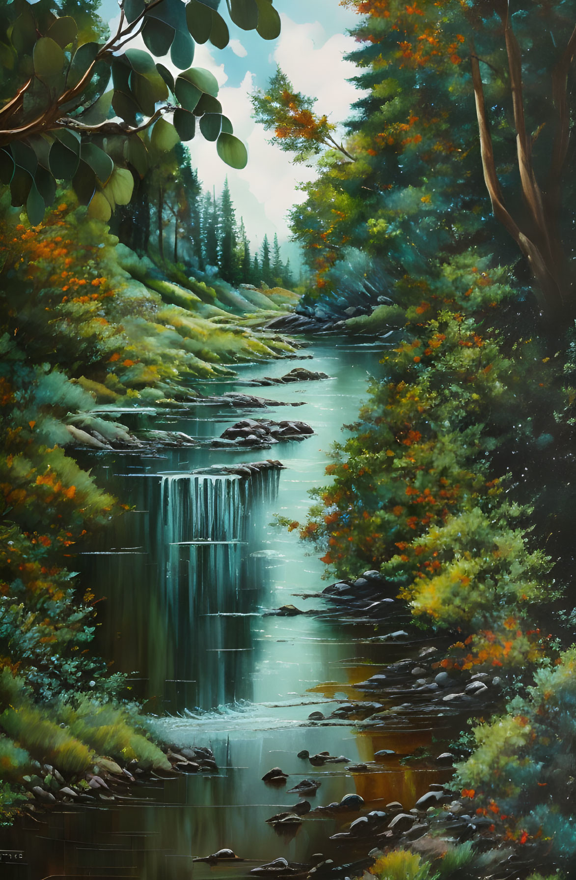 Tranquil painting of a forest stream with autumn trees and lush greenery