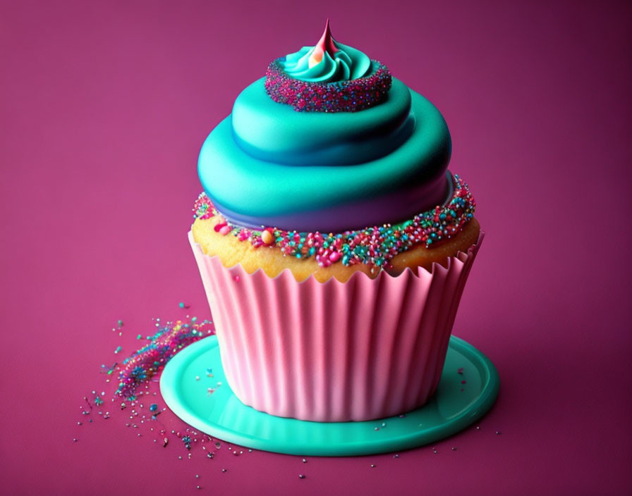 Colorful Cupcake with Pink Wrapper and Blue Frosting on Blue Dish