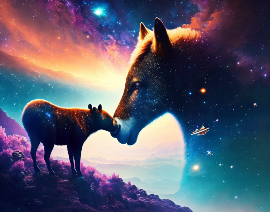 Surreal image of small fox with cosmic fox head in vibrant space landscape