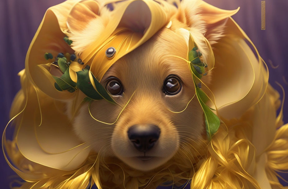 Golden puppy digital artwork with expressive eyes and mystical gem.