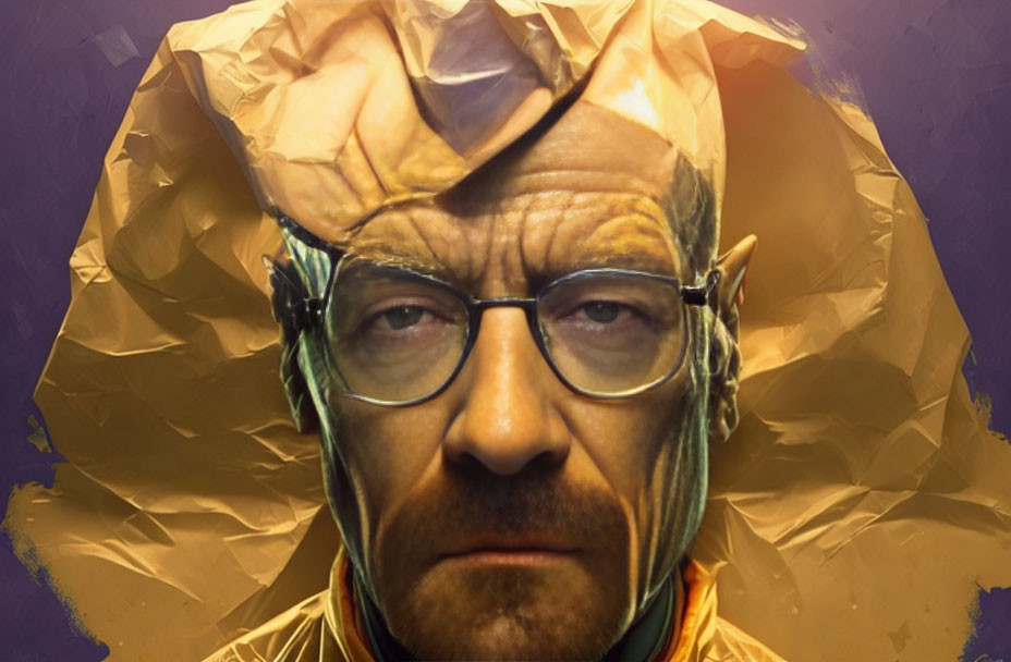 Serious man in glasses wrapped in golden foil against textured background