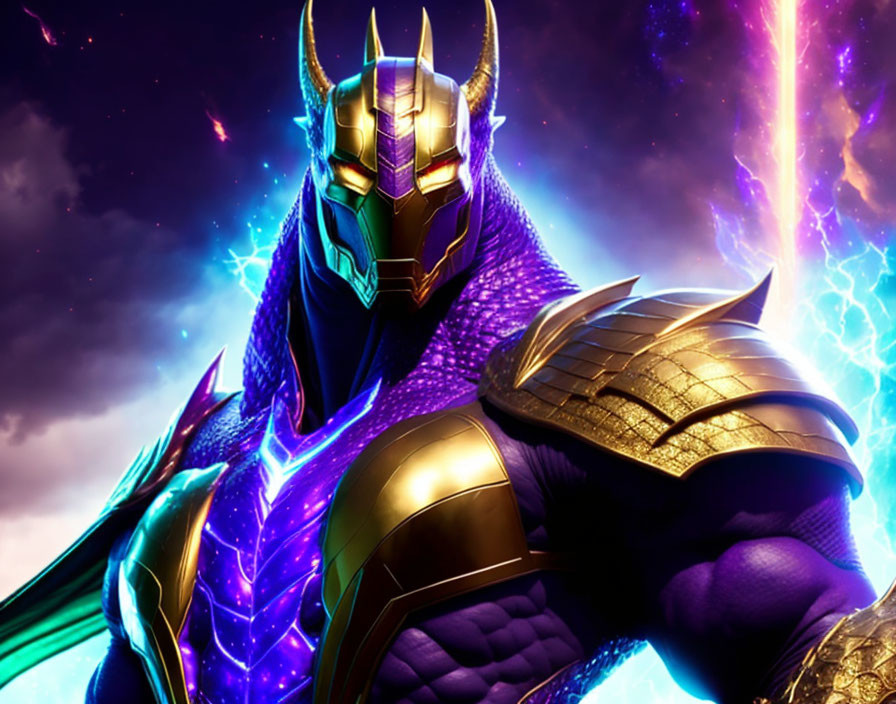 Figure in Golden Armor with Horned Helmet on Cosmic Background in Blue and Purple Colors