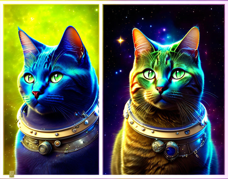 Stylized cat images with futuristic collars on cosmic backdrop