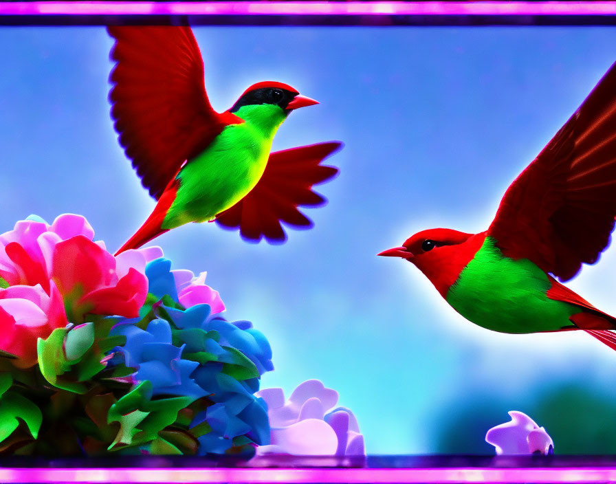 Vibrant red and green birds flying near colorful flowers on blurred background