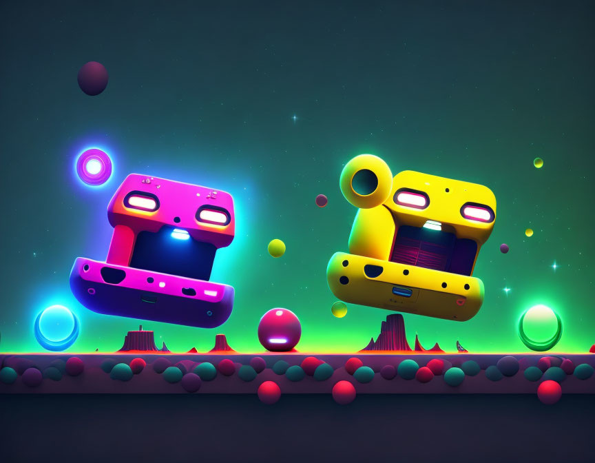 Colorful alien landscape with whimsical floating robots