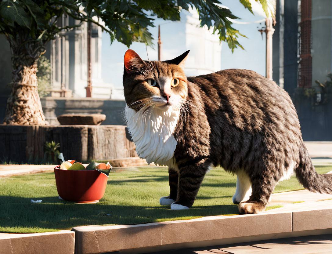 Tabby cat with white markings observing fruit bowl on garden ledge