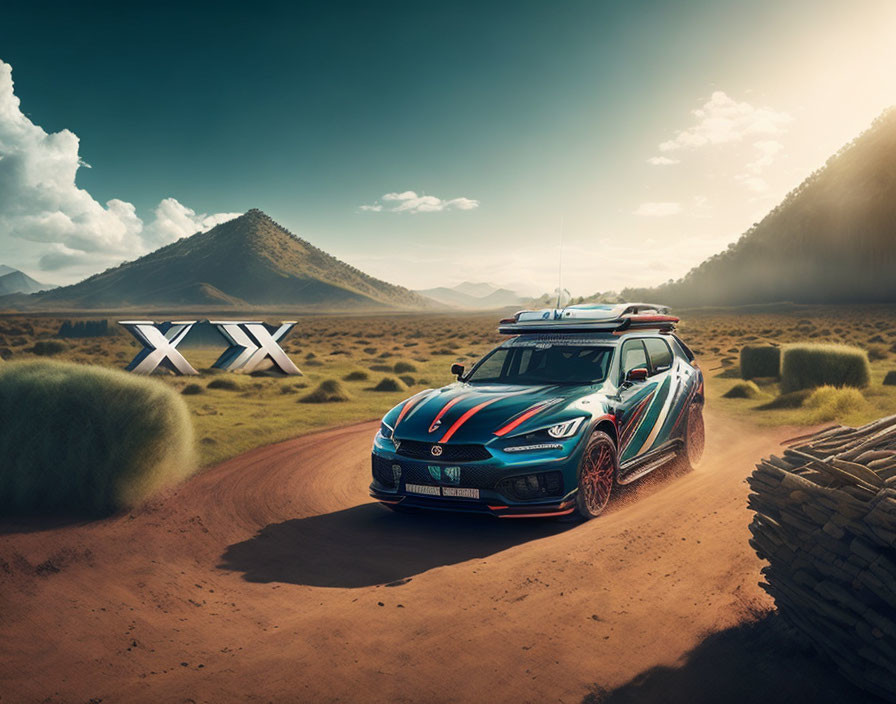 Vibrant rally car on dusty track with mountain backdrop and "X" structures